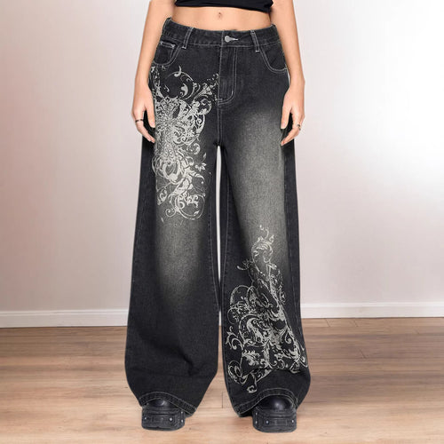 Damen Weite Denim-Hose mit auffälligem grafischem Druck Echo Archiv