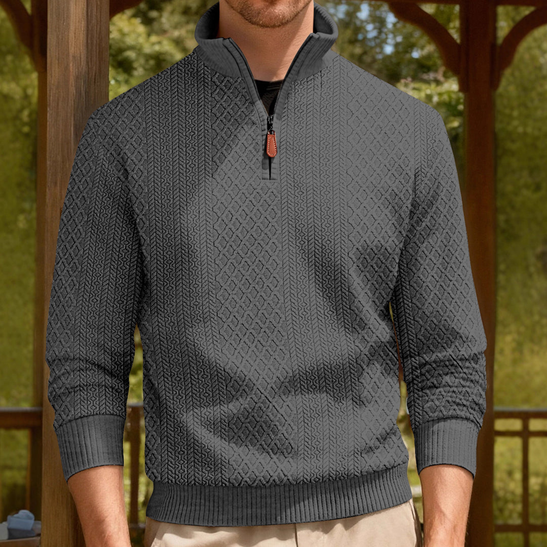 Herren nan feinstrukturierter Halbzip-Pullover im Jacquard-Relief mit hohem Stehkragen und Leder-Zipper Echo Archiv
