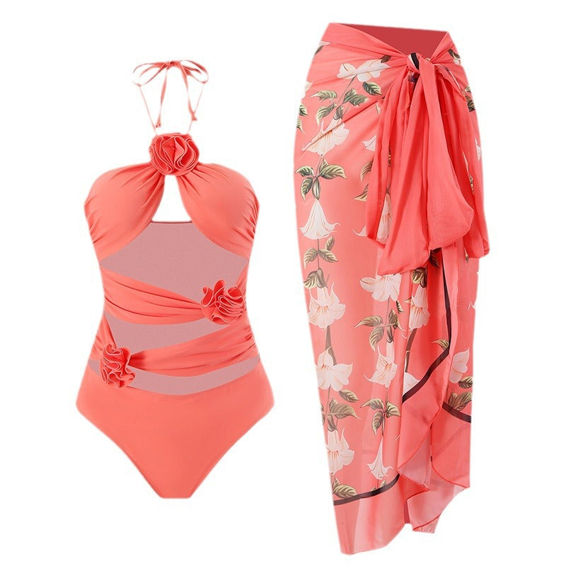 Damen Einteiler Badeanzug mit floralen Details und transparentem Einsatz Echo Archiv