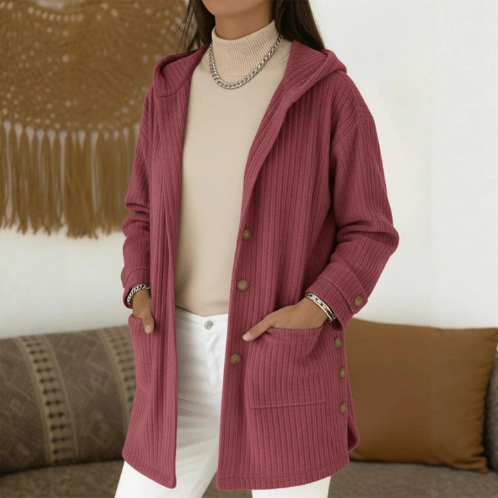 Damen Langer Kapuzen-Strickcardigan mit Rippenstruktur, Knopfleiste und Seitentaschen Echo Archiv