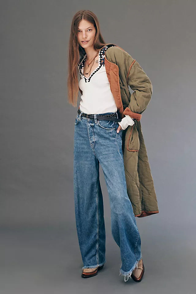 Damen nan extraweite High‑Waist Palazzo-Jeans aus Denim mit rohem Saum und Vintage-Waschung Echo Archiv