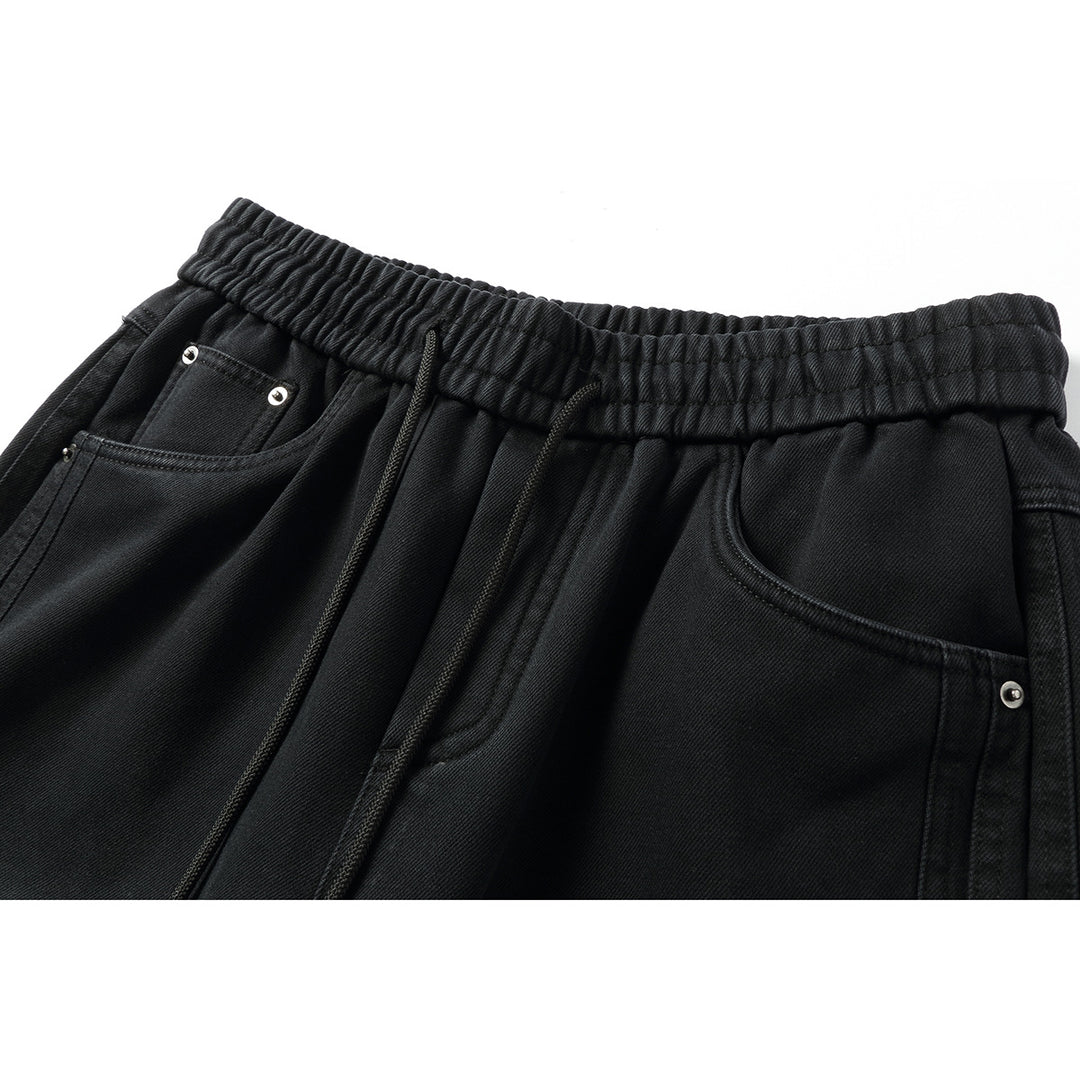 Damen Weite hochgeschnittene Jeanshose mit elastischem Bund, Kordelzug und Ziernähten Echoarchiv