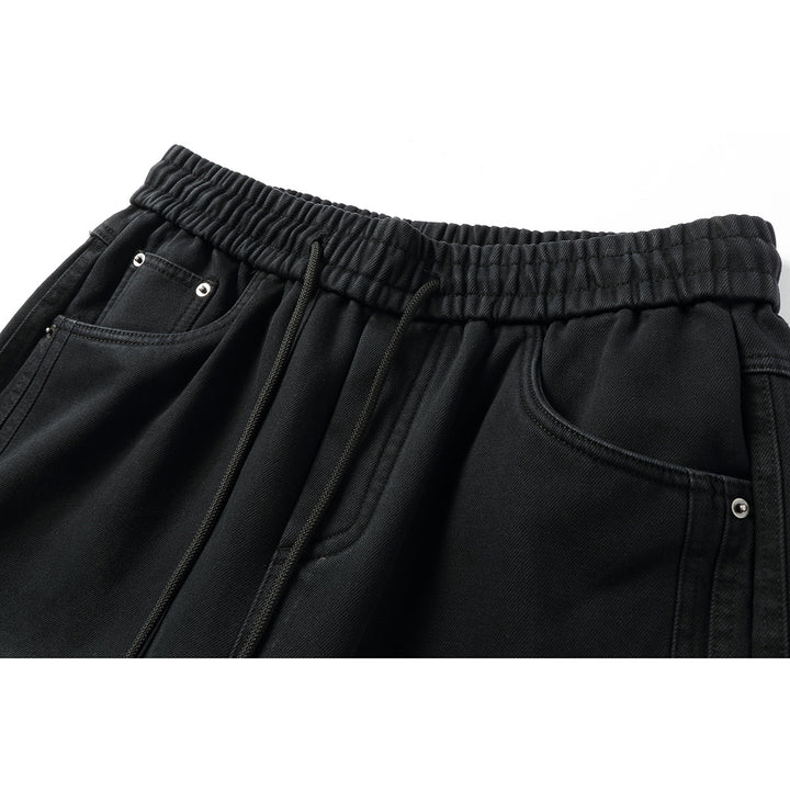 Damen Weite hochgeschnittene Jeanshose mit elastischem Bund, Kordelzug und Ziernähten Echoarchiv