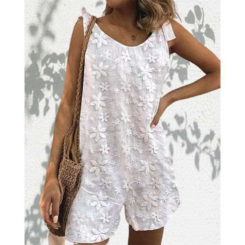 Damen nan leichter Kurzoverall mit floraler dreidimensionaler Stickerei, verstellbaren Bindeträgern und lockerer A-Linien-Silhouette Echo Archiv