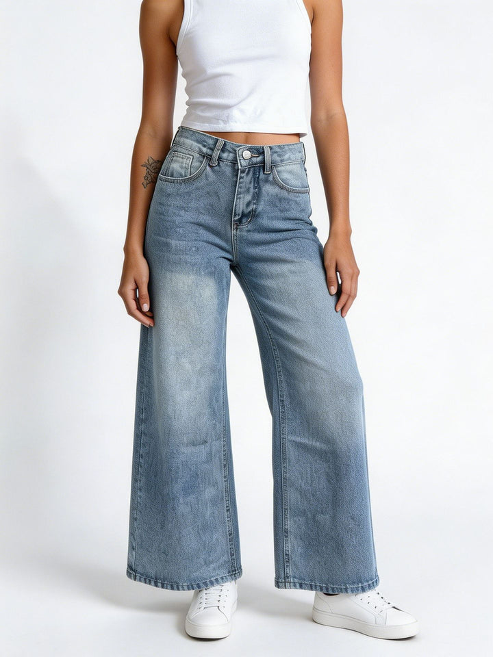 Damen nan hochgeschnittene Palazzo-Jeans mit extra weitem Bein und taillierendem Schnitt Echo Archiv