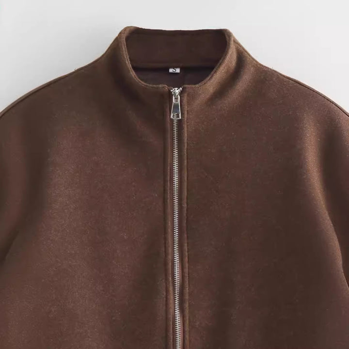 Damen kurz geschnittene Wolloptik-Zipjacke mit Stehkragen und Oversize-Ärmeln – Célinea