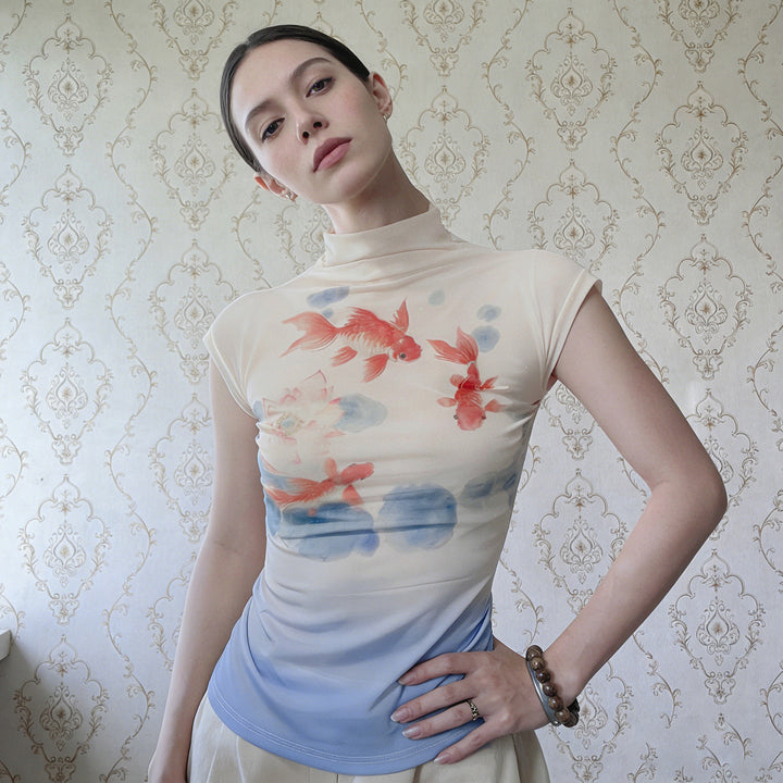 Damen Kurzarmshirt mit floralem Motiv und hochgeschlossenem Kragen Echo Archiv
