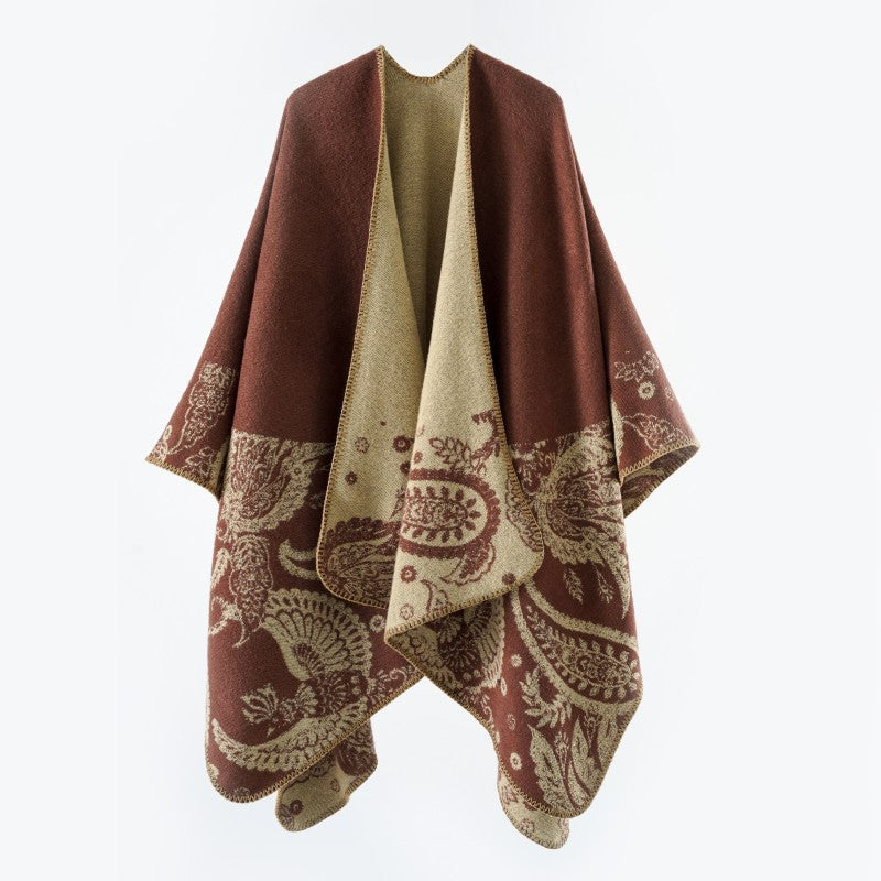 Damen Reversibler Jacquard-Capeponcho aus Wollmix mit Paisley-Motiv und offenem Fall – Montévia
