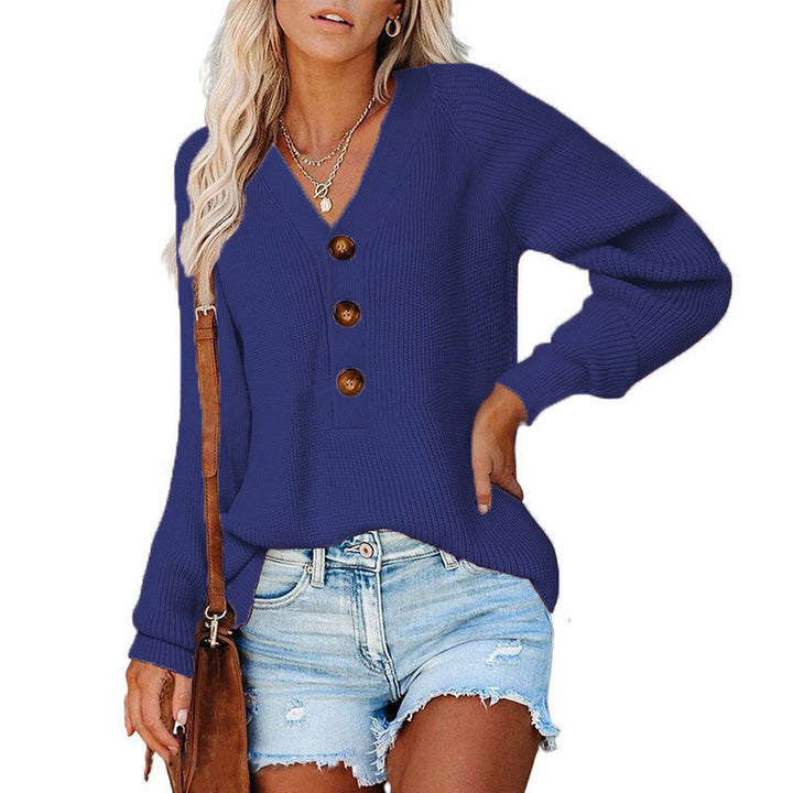 Damen Gerippter Strickpullover mit V‑Ausschnitt, Zierknopfleiste und Ballonärmeln Echoarchiv