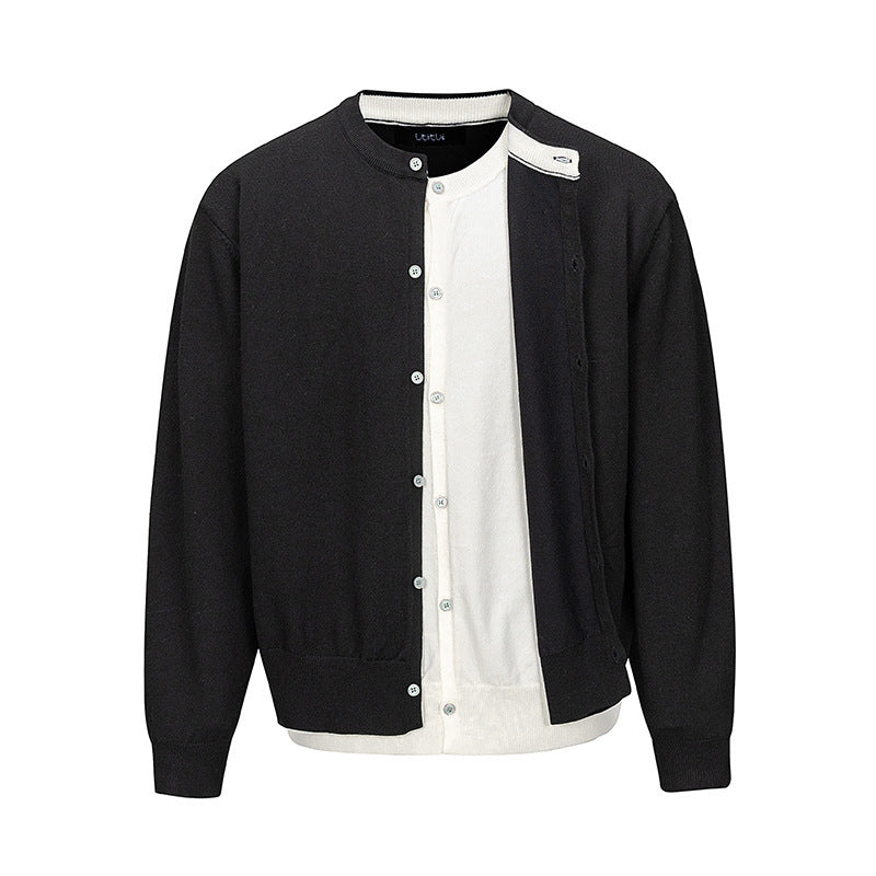 Herren Feinstrick-Cardigan mit zweilagiger Optik, Rundhalsausschnitt und durchgehender Knopfleiste Echo Archiv