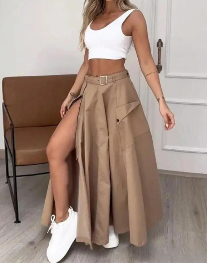Damen Maxirock mit hohem Beinschlitz, Cargo-Taschen und Taillengürtel – Rosévia