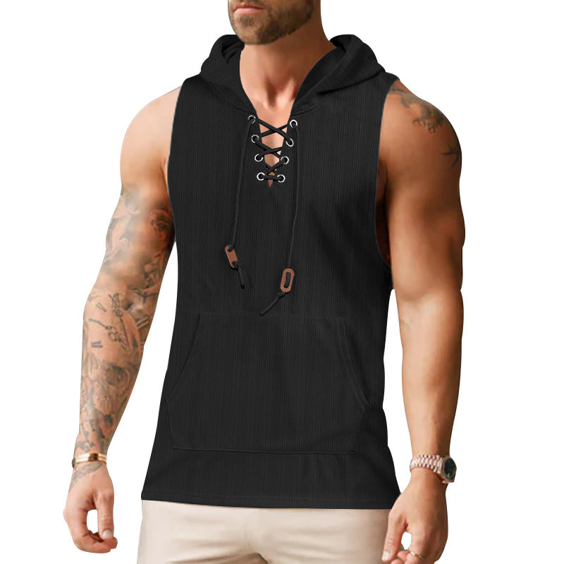 Herren ärmelloses Kapuzenshirt mit modischem Schnürdesign und praktischer Kängurutasche Echoarchiv