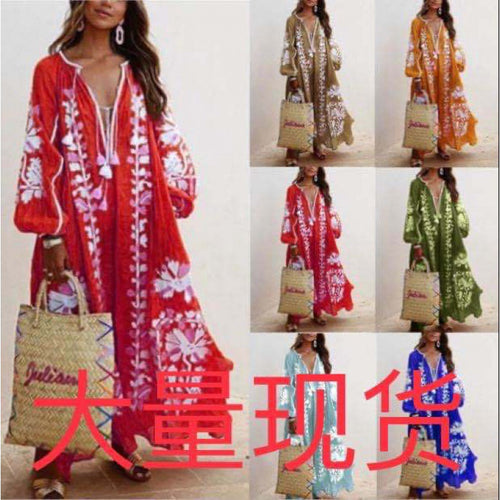 Damen Besticktes Boho-Maxikleid mit Ballonärmeln und Quastenverschluss – Valéora