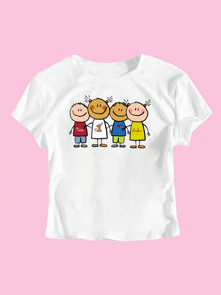 Damen Crop-T-Shirt mit kreativem Kinderzeichnungsmuster Echo Archiv