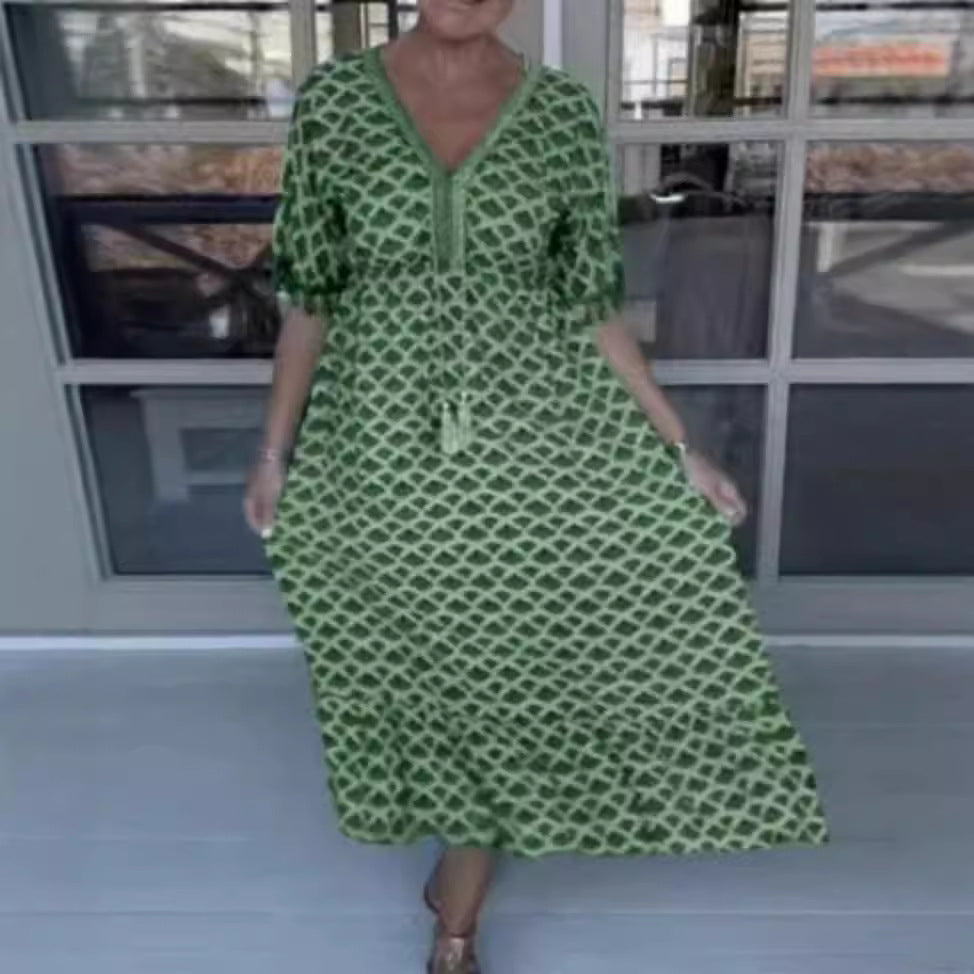 Damen nan lässiges V-Ausschnitt Strandkleid mit Quastenbindeband und Volantrock Echo Archiv