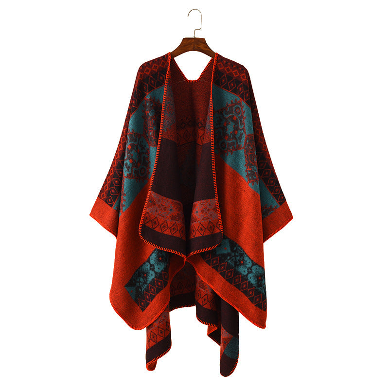 Damen Oversize Strickponcho mit folklorischem Jacquardmuster – Avérine
