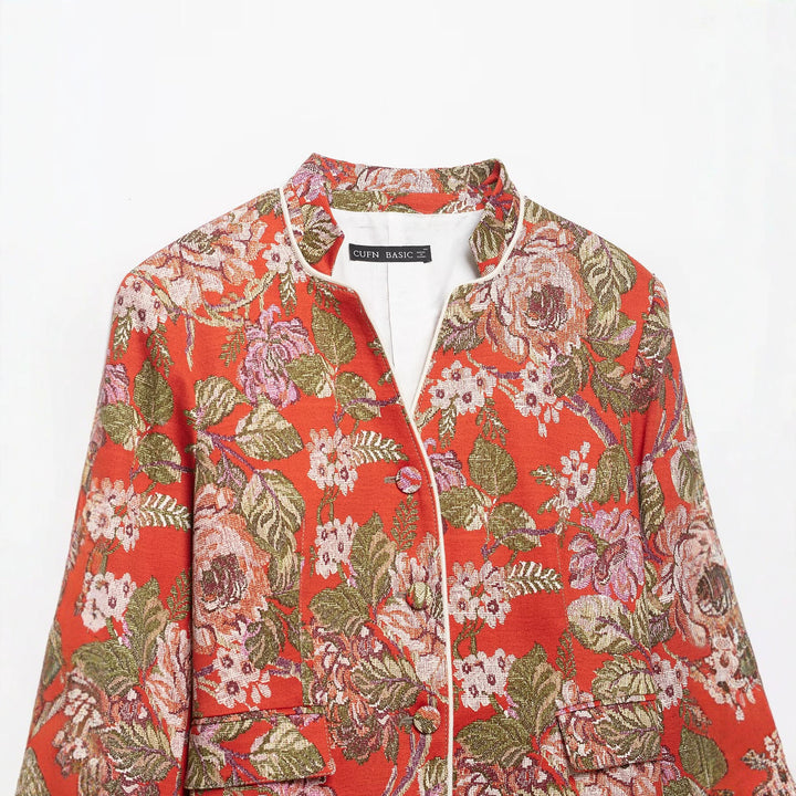 Damen floral gewebte Jacquard‑Bouclé Kurzjacke mit Stehkragen Echo Archiv