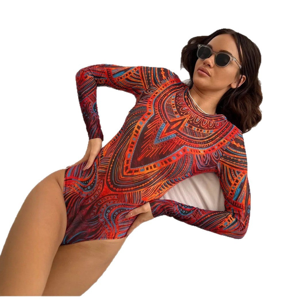 Damen Bodysuit mit langem Arm und abstraktem Muster Echo Archiv