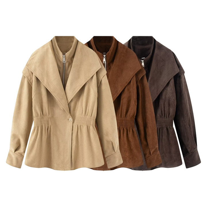 Damen Kurzjacke aus Veloursimitat mit weitem Schalkragen und Taillenraffung Echo Archiv