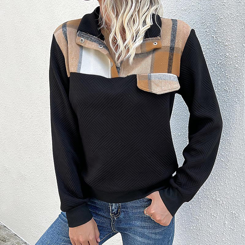 Damen Gestepptes Sweatshirt mit Karobesatz, Stehkragen und Druckknopfleiste Echoarchiv