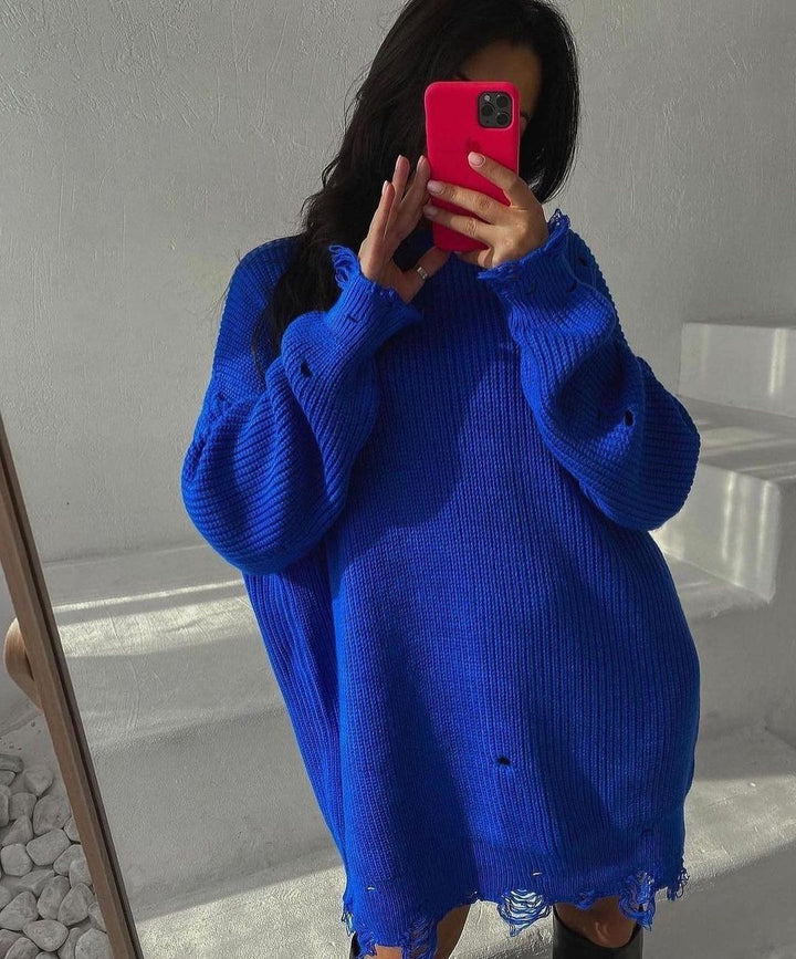 Damen Oversized Strickkleid mit Destroyed-Saum und Ballonärmeln Echoarchiv
