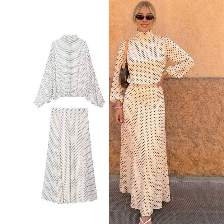 Damen Zweiteiliges Set aus leichtem Chiffon mit weitem Midirock und Ballonärmel-Bluse mit Schleifenkragen Echo Archiv