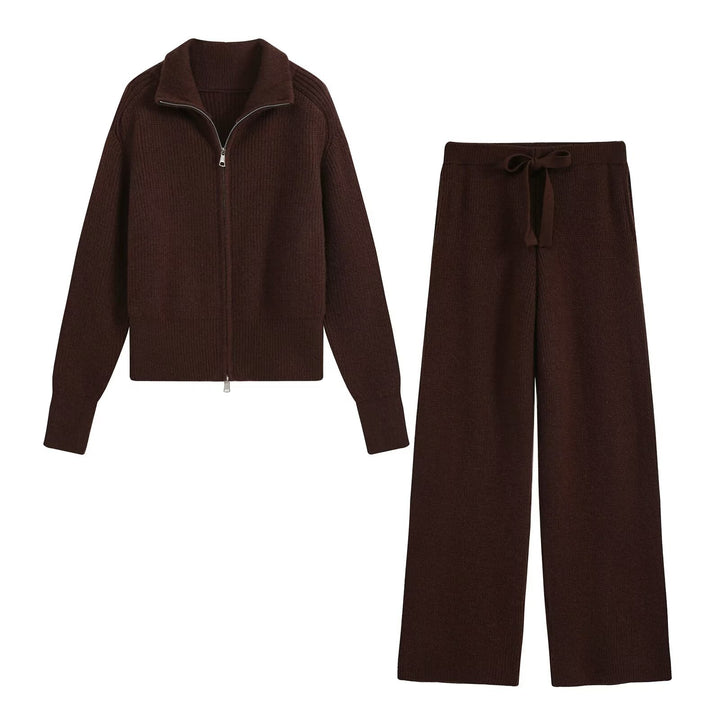 Damen Feinstrukturiertes Strick-Set mit Zipp-Cardigan und weiter Hose Echoarchiv
