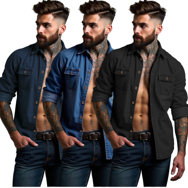 Herren lässige Denim-Hemdjacke mit zwei aufgesetzten Taschen Echoarchiv