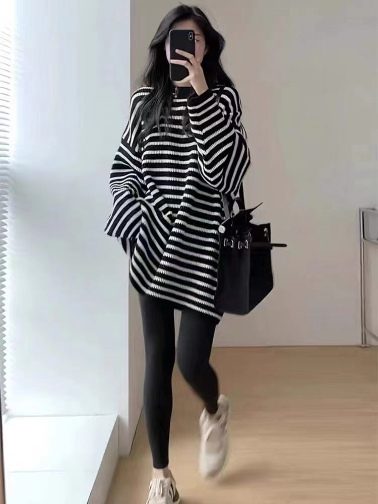 Damen Oversize Strick-Longpullover mit horizontaler Streifenstruktur Echoarchiv