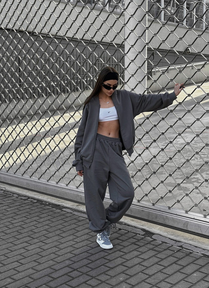 Damen Loose-Fit Freizeit-Set mit Zip-Kapuze und weitem Palazzo-Jogger – Avérine