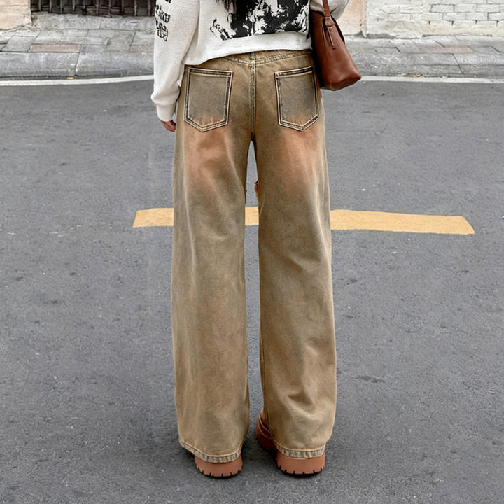 Damen nan hochgeschnittene Wide‑Leg Jeans mit offenen Saumnähten, diagonalem Fransenbesatz und Relaxed Fit Echo Archiv