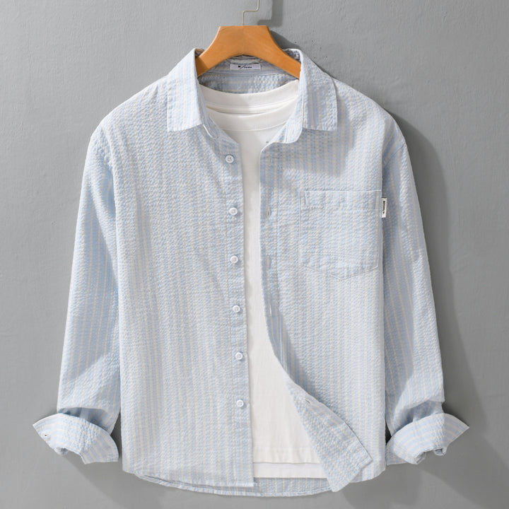 Herren Gestreiftes Relaxed-Overshirt aus strukturiertem Baumwollmix mit Brusttasche Echoarchiv