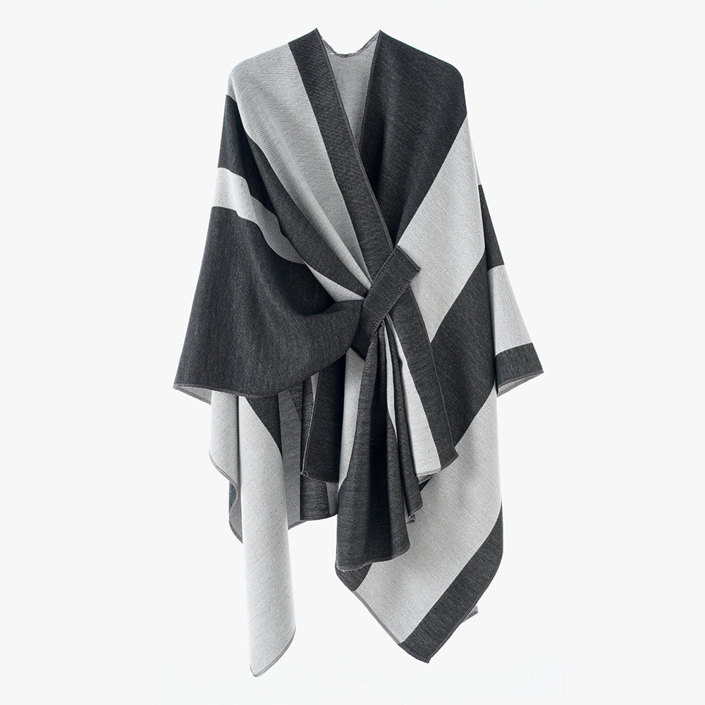 Damen Wickel‑Cape mit breitem Streifenmuster und Bindegürtel – Avérine