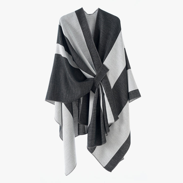Damen Wickel‑Cape mit breitem Streifenmuster und Bindegürtel – Avérine