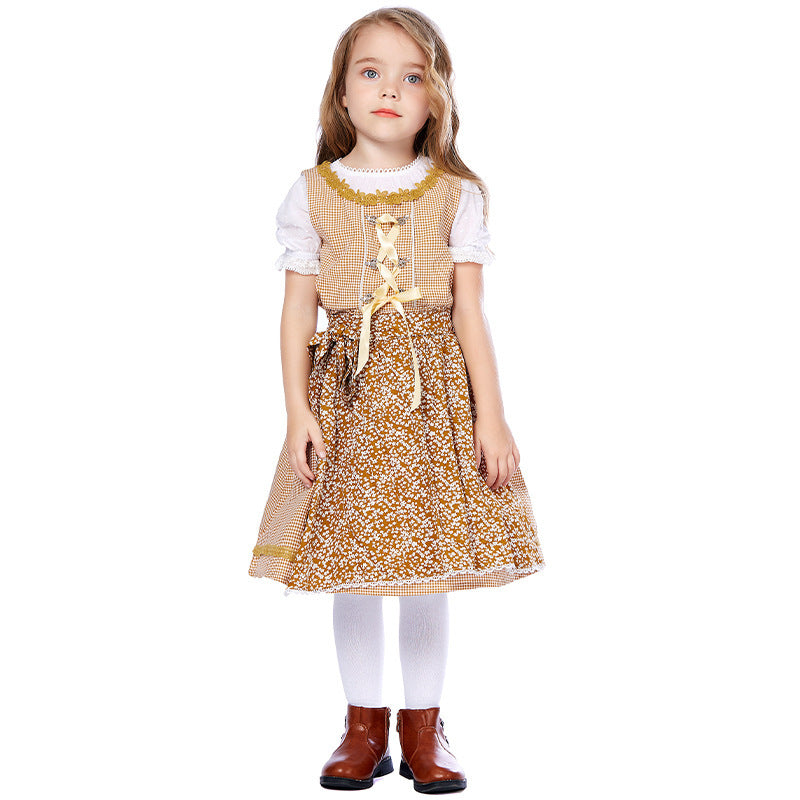 Damen nan traditionelles Trachtenkleid-Set mit geschnürtem Mieder, bestickter Puffbluse und abnehmbarer Schürze Echo Archiv