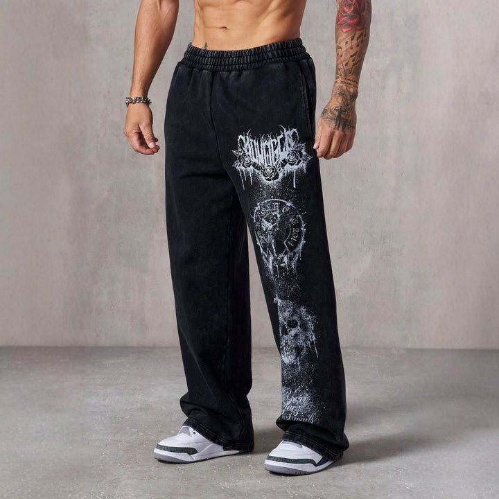 Herren nan weite Jogginghose mit elastischem Bund, Seitentaschen und detailreichem Schädel- und Rosenmotiv Echo Archiv