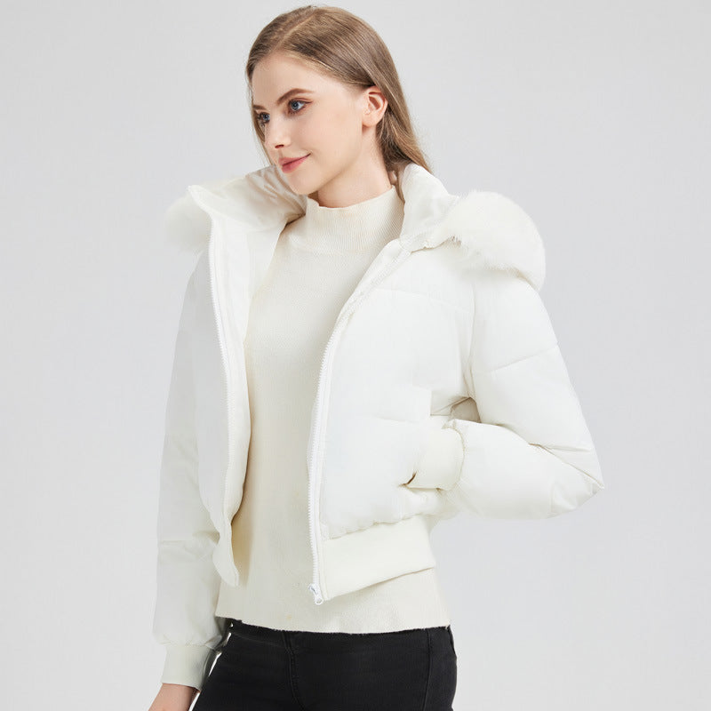 Damen kurzer gesteppter Kapuzenblouson mit Webpelzblende und geripptem Saum – Célinea