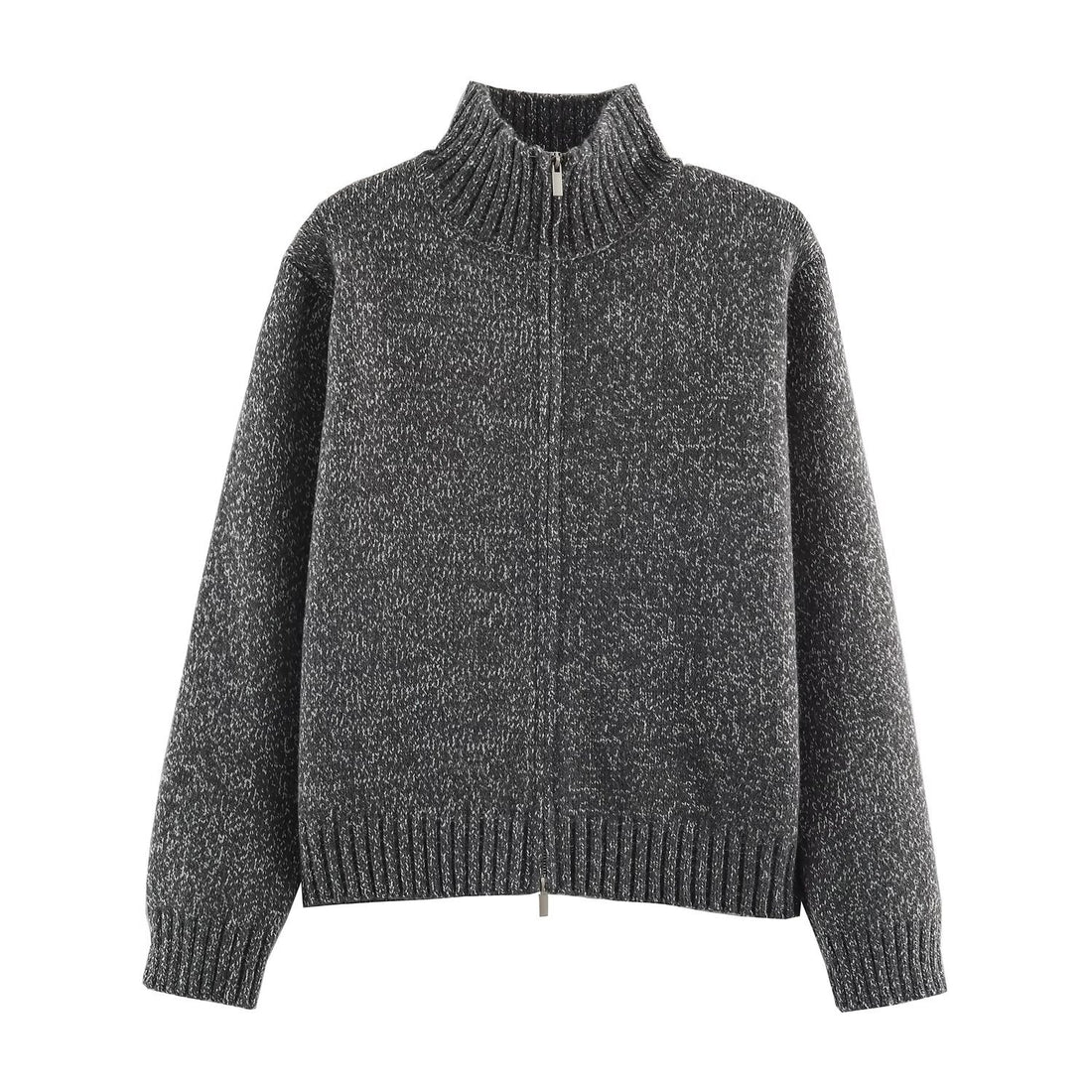 Damen Grobgestrickter Reißverschluss-Pullover mit Stehkragen und geripptem Saum Echoarchiv