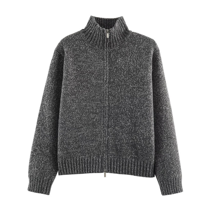 Damen Grobgestrickter Reißverschluss-Pullover mit Stehkragen und geripptem Saum Echoarchiv