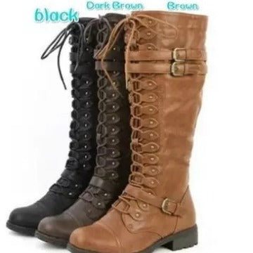 Damen Kniehohe Schnürstiefel im Military‑Look mit Zierschnallen und robuster Profilsohle Echo Archiv