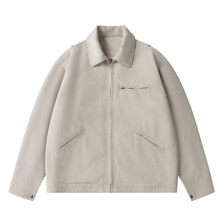 Unisex Kastenförmige Kurzjacke im Worker-Blouson-Stil mit Hemdkragen und verdecktem Reißverschluss Echo Archiv