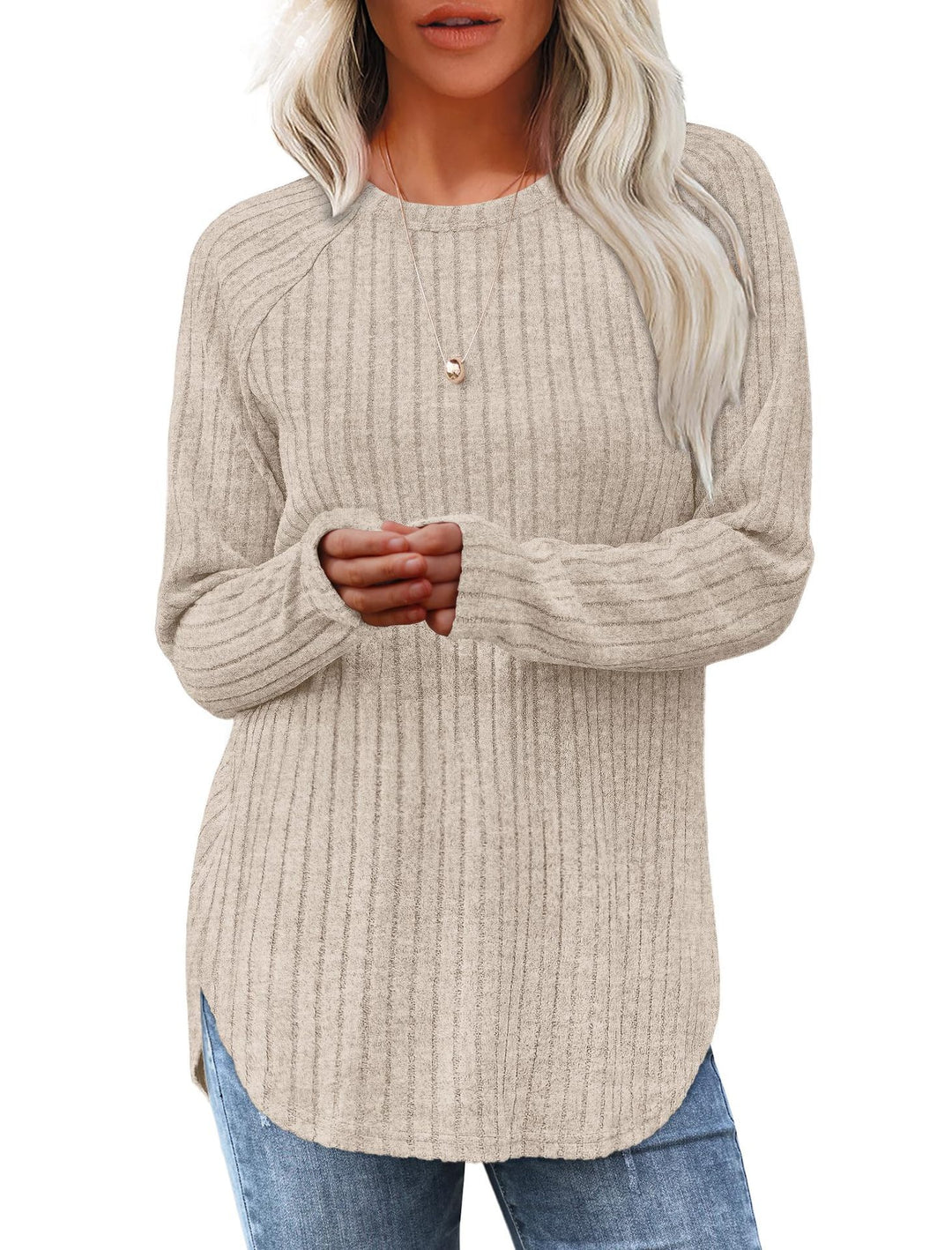 Damen gerippter Strickpullover mit Rundhalsausschnitt Oversize-Passform und Seitenschlitzen Echo Archiv