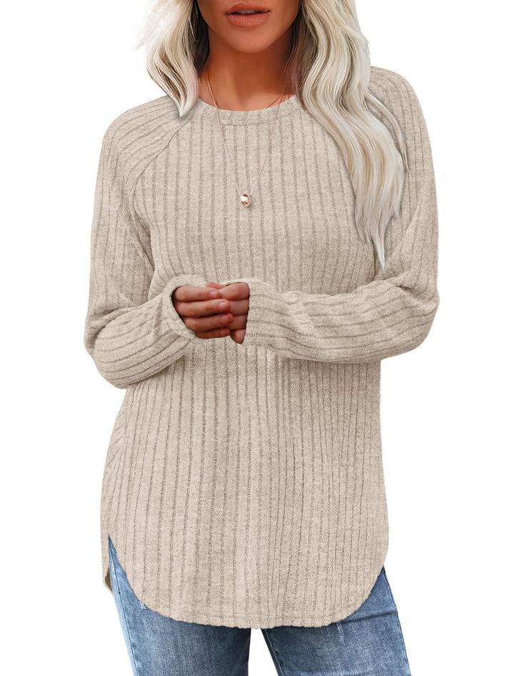 Damen gerippter Strickpullover mit Rundhalsausschnitt Oversize-Passform und Seitenschlitzen Echo Archiv