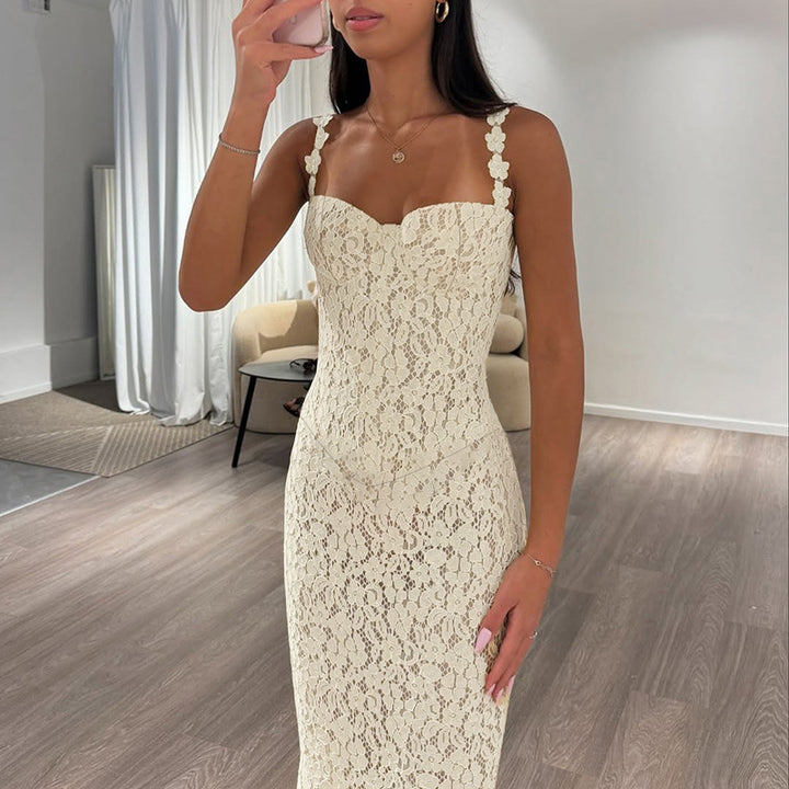 Damen elegantes Maxikleid mit Spitze und verführerischem Herzausschnitt Echo Archiv