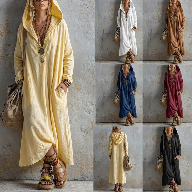 Damen Langes Kapuzenkleid im Boho-Look mit V-Ausschnitt, Eingrifftaschen und lockerem Fall Echoarchiv