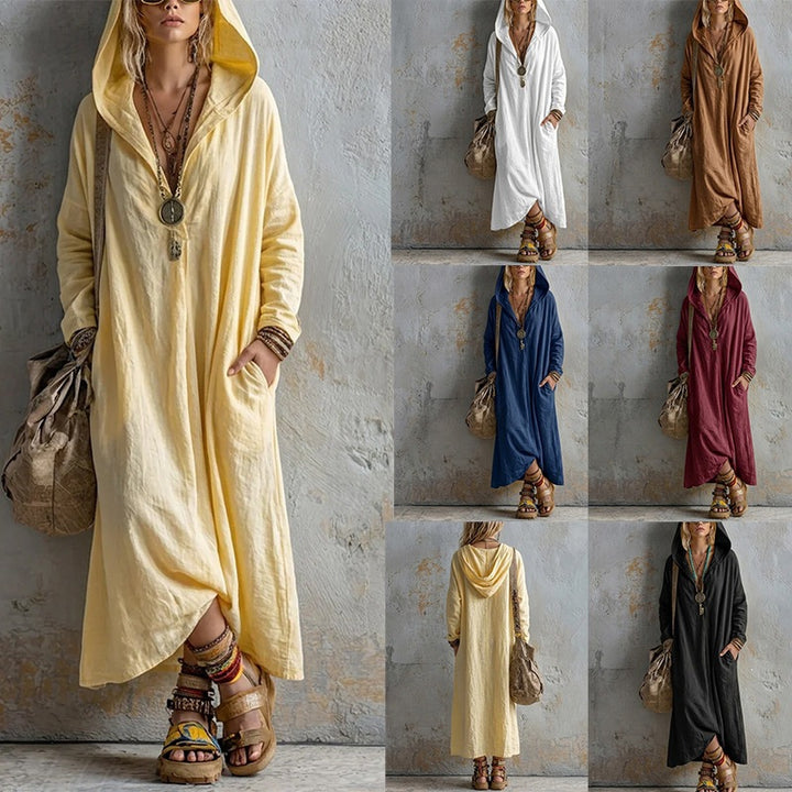 Damen Langes Kapuzenkleid im Boho-Look mit V-Ausschnitt, Eingrifftaschen und lockerem Fall Echoarchiv