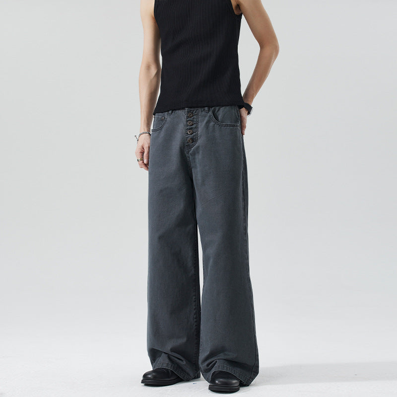 Herren Extraweite Denim-Hose mit sichtbarer Knopfleiste und bodenlangem Palazzoschnitt Echo Archiv