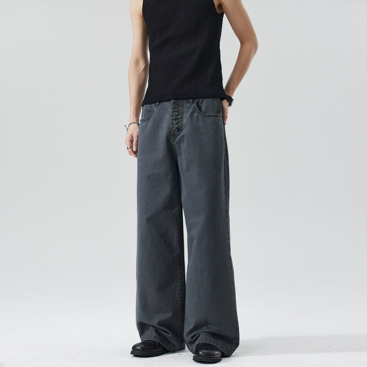 Herren Extraweite Denim-Hose mit sichtbarer Knopfleiste und bodenlangem Palazzoschnitt Echo Archiv