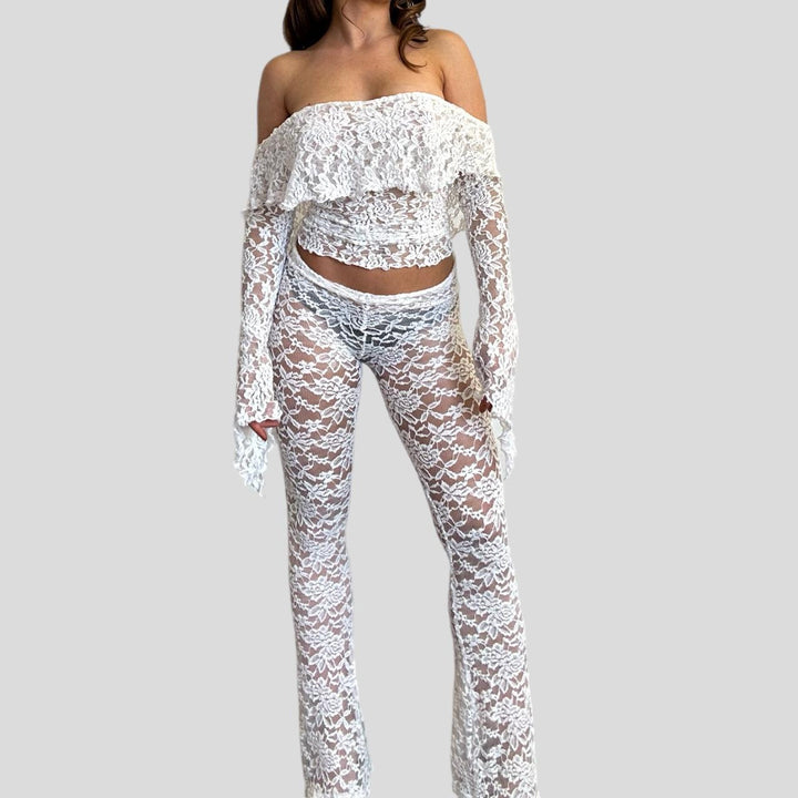 Damen Spitzen-Crop-Top mit weitem Ärmel und passenden Hose Echo Archiv