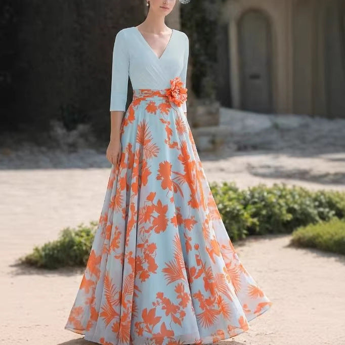 Damen Florales Maxikleid mit Wickeloberteil, dreiviertel-Ärmeln und ausgestelltem Rock – Orélia